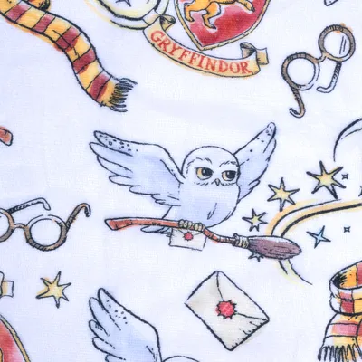 Gryffindor-címer, bagoly, seprű, szemüveg, piros pecsétes levél és csillagok illusztrációi fehér háttéren. Harry Potter téma.
