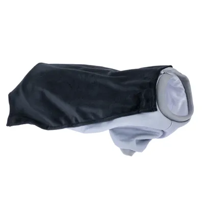 Cappotto per cani nero e grigio con chiusura in velcro, adatto a condizioni climatiche fredde.