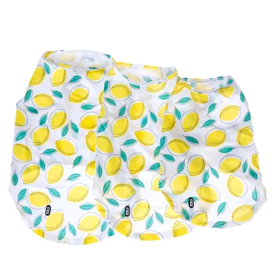 Trois vêtements pour animaux blancs avec motif citrons jaunes et feuilles vertes, étiquette noire visible sur chaque vêtement.