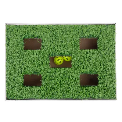 Toy with green grass mat and five rectangular openings, two yellow balls visible in one of the openings.