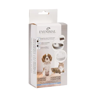 Eyenimal Classic Pet Fountain aktívszenes szűrőkkel. 3 szűrőt tartalmaz. Frissen és tisztán tartja a vizet. Kutyák és macskák számára alkalmas.