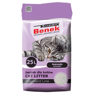 Super Benek żwirek dla kotów, zapach lawendy, Standard Line, 25L. Opakowanie przedstawia szarego kota i żwirek.