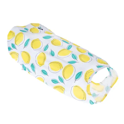 Manteau pour chien en tissu blanc avec motifs citrons jaunes et feuilles vertes, ouverture pour la tête et les pattes visible.