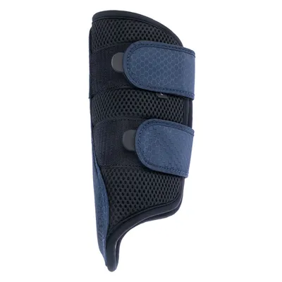 Protection pour patte d’animal en tissu mesh noir avec deux larges bandes auto-agrippantes bleues à motif hexagonal, fermetures par boutons pression visibles.