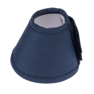Collerette bleue en tissu à motif hexagonal, fermeture latérale par scratch, intérieur blanc, vue sur l’ensemble du produit.