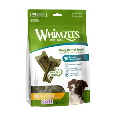 Whimzees Wellness Daily Dental Treats für Hunde. Hypoallergen, glutenfrei, mit Petersilie. Für ältere Hunde geeignet. Packung enthält 14 Stück, Grösse M für Hunde 12-18 kg.