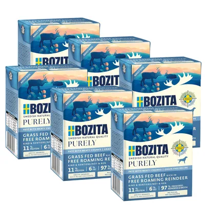 Bozita Purely Adult Dog, беззерновой рецепт, говядина и олень, 11% белка, 6% жира, 97% свежее мясо. С арктическими ягодами, без сахара и красителей.