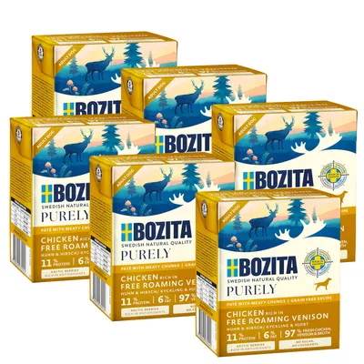 Bozita Purely Adult Dog, курица и олень, беззерновой рецепт. 11% белка, 6% жира, 97% свежей курицы и бульона. С арктическими ягодами, богат антиоксидантами.