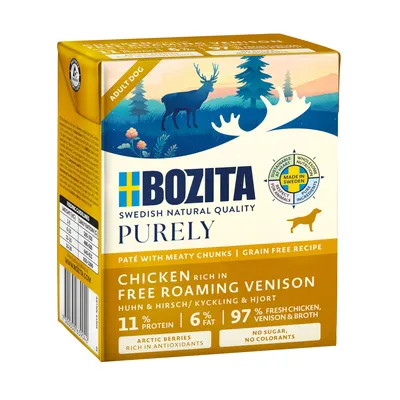 Bozita Purely Adult Dog, kip & hert. Graanvrij recept met 11% eiwit, 6% vet, 97% verse kip, hert en bouillon. Gemaakt in Zweden, zonder suiker, geen kleurstoffen.