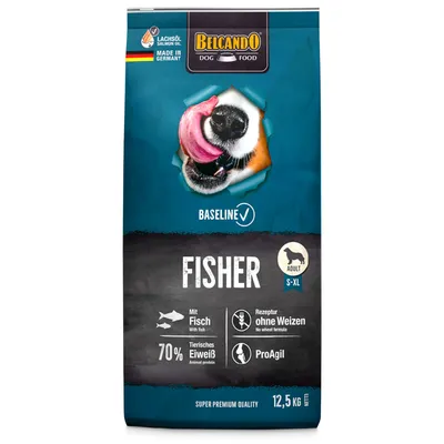 Belcando Dog Food Fisher, 12,5 kg. S rybou, receptura bez pšenice, 70 % živočišných bílkovin, ProAgil. Lososový olej, vyrobeno v Německu, pro psy S-XL, superprémiová kvalita.