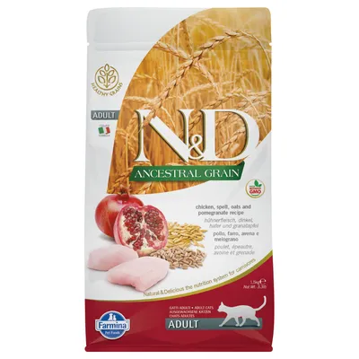 Sac N&D Ancestral Grain pour chats adultes, Farmina Pet Foods, poulet, épeautre, avoine et grenade, 1,5 kg. Texte visible : Adult, Healthy Grains, sans OGM, Natural & Delicious.