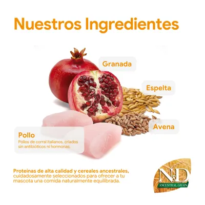 Ingredientes: granada, espelta, avena, carne de pollo. Proteínas de alta calidad y cereales ancestrales, seleccionados cuidadosamente para una alimentación natural y equilibrada para mascotas. Ingredientes: granada, espelta, avena, carne de pollo. Proteínas de alta calidad y cereales ancestrales, seleccionados cuidadosamente para una alimentación natural y equilibrada para mascotas.