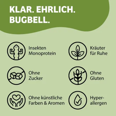 KLAR. EHRLICH. BUGBELL. Insekten Monoprotein, Kräuter für Ruhe, ohne Zucker, ohne Gluten, ohne künstliche Farben & Aromen, hypoallergen.