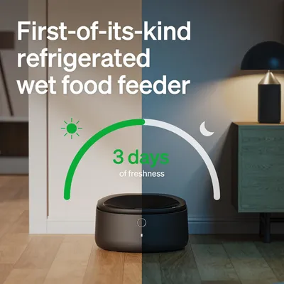 First-of-its-kind refrigerated wet food feeder, 3 days of freshness. Text v angličtině zobrazený nad automatickým krmítkem na podlaze.