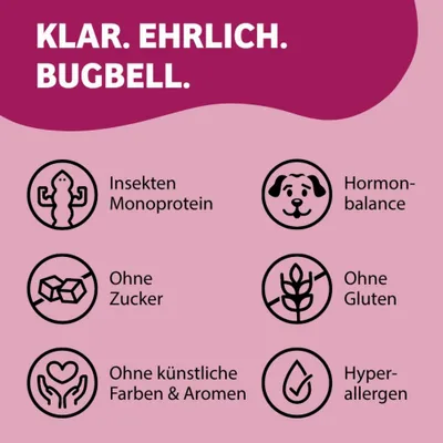 KLAR. EHRLICH. BUGBELL. Insekten Monoprotein, Hormonbalance, Ohne Zucker, Ohne Gluten, Ohne künstliche Farben & Aromen, Hypoallergen.