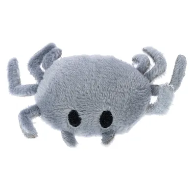 Jouet en peluche gris en forme de crabe avec huit pattes et deux yeux noirs brodés, sans marque visible.