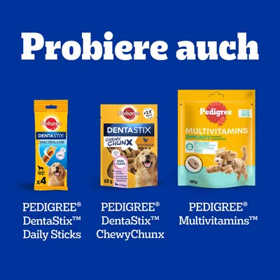 Probieren Sie auch: PEDIGREE DentaStix Daily Sticks, PEDIGREE DentaStix Chewy Chunx Dual Clean, PEDIGREE Multivitamins Immunity. Produkte für Hunde sichtbar.