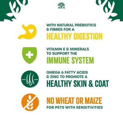 With natural prebiotics and fibre for healthy digestion, vitamin E and minerals to support the immune system, omega 6 fatty acids and zinc for skin and coat, free from wheat or maize. With natural prebiotics and fibre for healthy digestion, vitamin E and minerals to support the immune system, omega 6 fatty acids and zinc for skin and coat, free from wheat or maize.