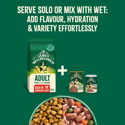 James Wellbeloved Adult Dog 1-7 Years, rich in chicken & rice, 2 kg. Can be combined with wet food. Text: Serve on its own or mix with wet food for extra flavour and variety. James Wellbeloved Adult Dog 1-7 Years, rich in chicken & rice, 2 kg. Can be combined with wet food. Text: Serve on its own or mix with wet food for extra flavour and variety.