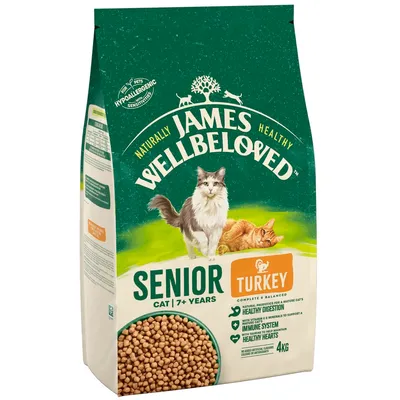James Wellbeloved Senior Cat suha hrana za mačke s puretinom, hipoalergena, za mačke od 7 godina, 4 kg. Podržava probavu, imunološki sustav i zdravlje srca.