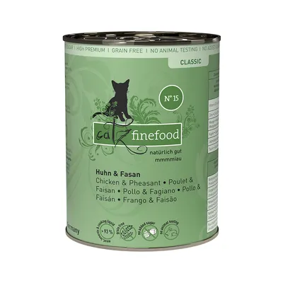 Konzerva catz finefood N°15 Huhn & Fasan, Classic, nápisy: High Premium, Grain Free, No Animal Testing, No Added Sugar, 93 % masa a vývaru, německý text na etiketě.