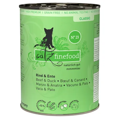 catz finefood Classic Nr. 23, Rund & Eend, graanvrij, zonder toegevoegde suikers, geen dierproeven, 93% vlees en kookbouillon, natuurlijk goed mmmmiau. catz finefood Classic Nr. 23, Rund & Eend, graanvrij, zonder toegevoegde suikers, geen dierproeven, 93% vlees en kookbouillon, natuurlijk goed mmmmiau.