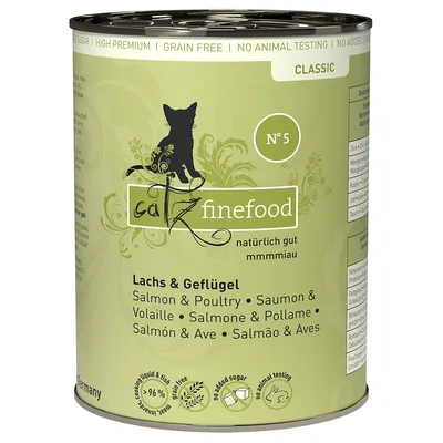 Catz Finefood Classic Nr. 5, Lachs & Geflügel, ohne Zuckerzusatz, getreidefrei, keine Tierversuche, 96% Fleisch und Fisch, hergestellt in Deutschland.