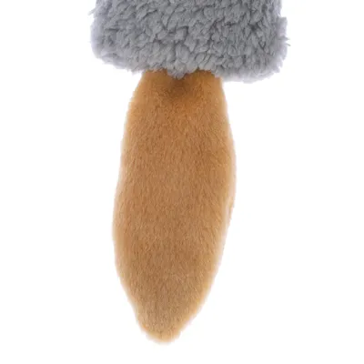Juguete para mascotas con felpa gris y colgante de pelo marrón.