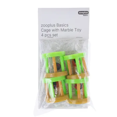 zooplus Basics Cage with Marble Toy, 4-piece set. Packaging with green-yellow plastic toys and visible marbles.