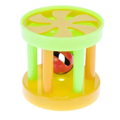 Toy made of plastic with yellow base, green lid and colourful rods. Inside is a red and black ball with a bell.