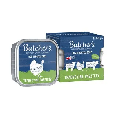 Butcher's tradycyjne pasztety, bez dodatku zbóż, 4x150g. Poolse tekst: z indykiem, bez jagnięciny, bez wołowiny. Made in Great Britain zichtbaar op verpakking.