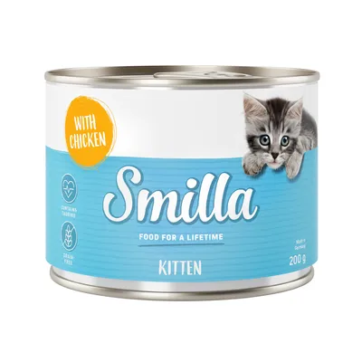 Smilla Kitten, 200 g, with chicken. Zawiera taurynę, bez zbóż. Food for a lifetime. Made in Germany. Na etykiecie zdjęcie kota.