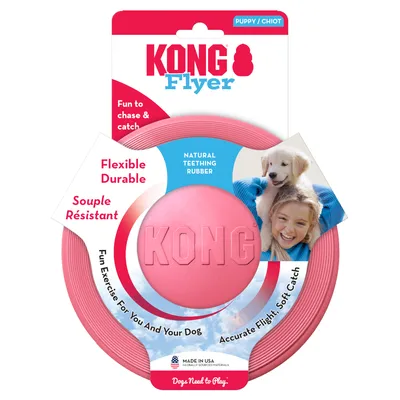 KONG Flyer Puppy/Chiot, souple et résistant, caoutchouc pour la dentition, Made in USA, texte anglais : Fun to chase & catch, Flexible Durable, Accurate Flight Soft Catch.