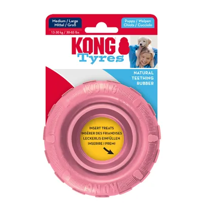 KONG Tyres Medium/Large for puppies, natural rubber chew ring. Note: fill with treats. Weight class 13-30 kg.