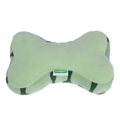 Zöld, csont alakú párna Zooplus-logóval, alkalmas háziállat-kiegészítőnek.