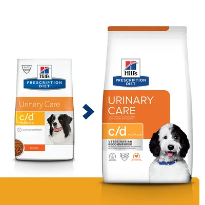 Hill's Prescription Diet Urinary Care c/d Multicare hundefoder, to poser med forskelligt design. Tekst: Chicken, S+OX Shield, Veterinarian Recommended, Clinical Nutrition.