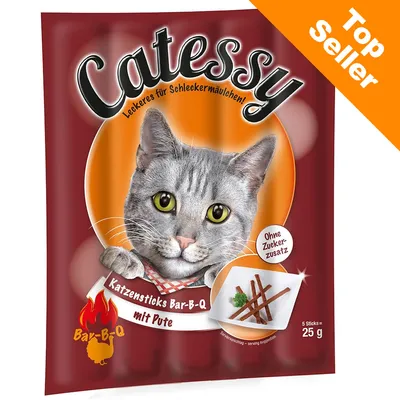 Catessy Katzensticks Bar-B-Q mit Pute, bez přidaného cukru, 5 tyčinek, 25 g. Top Seller. Text v němčině: Leckeres für Schleckermäulchen! Ohne Zuckerzusatz.