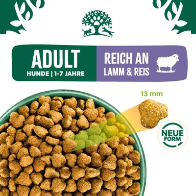 ADULT Hunde 1-7 Jahre, reich an Lamm & Reis, neue Form, Kroketten 13 mm Durchmesser. ADULT Hunde 1-7 Jahre, reich an Lamm & Reis, neue Form, Kroketten 13 mm Durchmesser.