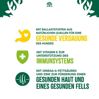 Mit Ballaststoffen für gesunde Verdauung, Vitamin E zur Unterstützung des Immunsystems und Omega-6-Fettsäuren mit Zink für gesunde Haut und Fell des Hundes.