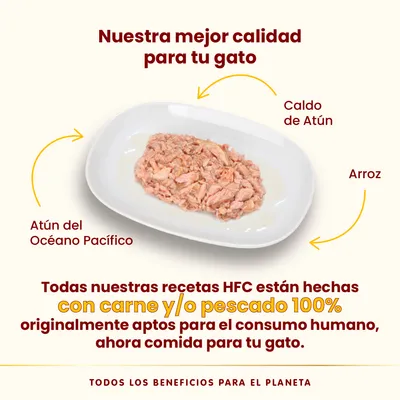 Plato con atún del Océano Pacífico, caldo de atún y arroz. Texto: recetas HFC hechas con carne y/o pescado 100% aptos para consumo humano, ahora comida para tu gato.