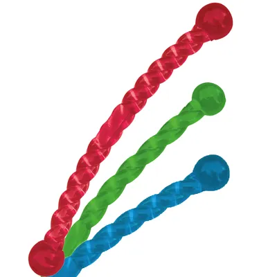 Three twisted play sticks made of plastic in red, green and blue with spherical ends.