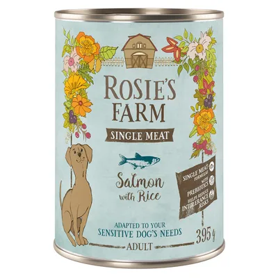 Rosie's Farm Single Meat Salmon with Rice, angepasst an die Bedürfnisse sensibler Hunde, Adult, 395g. Enthält Präbiotika zur Reduzierung von Intoleranzrisiken.