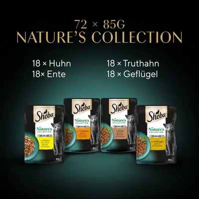 Sheba Nature's Collection in Gelee, 72 x 85g. Sorten: 18x Huhn, 18x Ente, 18x Truthahn, 18x Geflügel. Verpackung mit Katzenmotiv und Zutatenabbildungen.