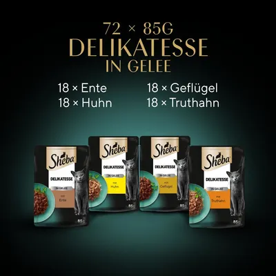 Sheba Delikatesse v žele, 72 x 85g. Okusi: 18x raca, 18x piščanec, 18x perutnina, 18x puran. Vidna embalaža z motivom mačke.