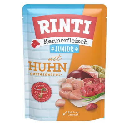 RINTI Kennerfleisch Junior mit Huhn, getreidefrei. Reich an Omega-3. Rinti seit 1983 Original. Abbildung von Fleischstücken und Zutaten.