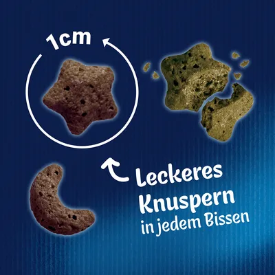 Kleine Stücke von 1 cm Grösse, Text: Leckeres Knuspern in jedem Bissen.