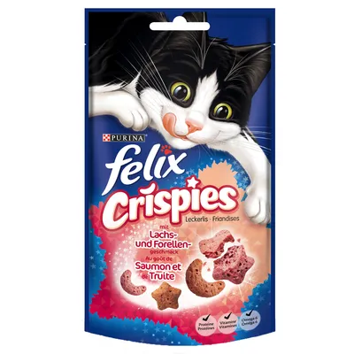 Confezione di snack per gatti Purina Felix Crispies, visibili scritte: 'mit Lachs- und Forellengeschmack', 'Proteine', 'Vitamine', 'Omega 6'. Immagini di snack a forma di stella e luna.
