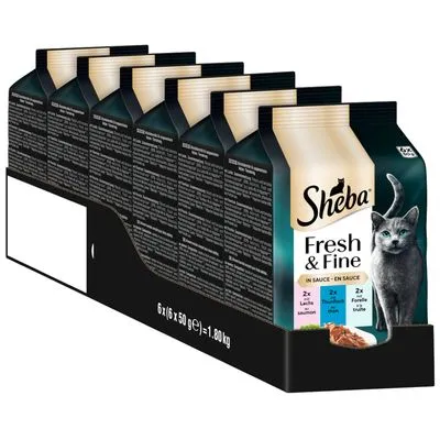 Sheba Fresh & Fine kattenvoer in saus, verpakking met 6 x 50 g zakjes, afbeelding van een kat op de voorkant. Tekst: 2x Lachs, 2x Thunfisch, 2x Forelle.