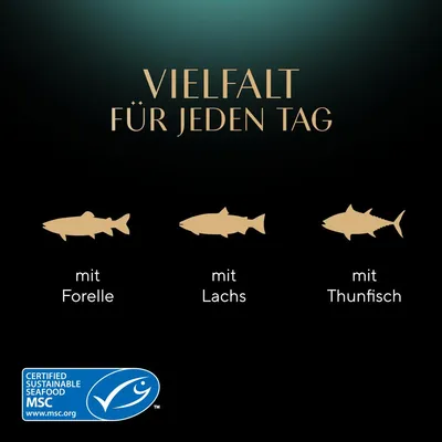 Vielfalt für jeden Tag: mit Forelle, mit Lachs, mit Thunfisch. Zertifiziert nachhaltige Meeresfrüchte MSC.