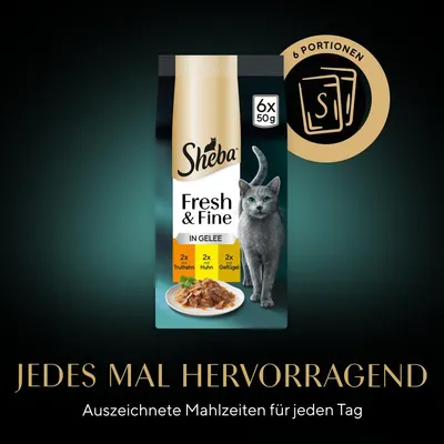 Sheba Fresh & Fine in Gelee, 6 Portionen à 50g: 2x Truthahn, 2x Huhn, 2x Geflügel. Jedes Mal hervorragend – Ausgezeichnete Mahlzeiten für jeden Tag.